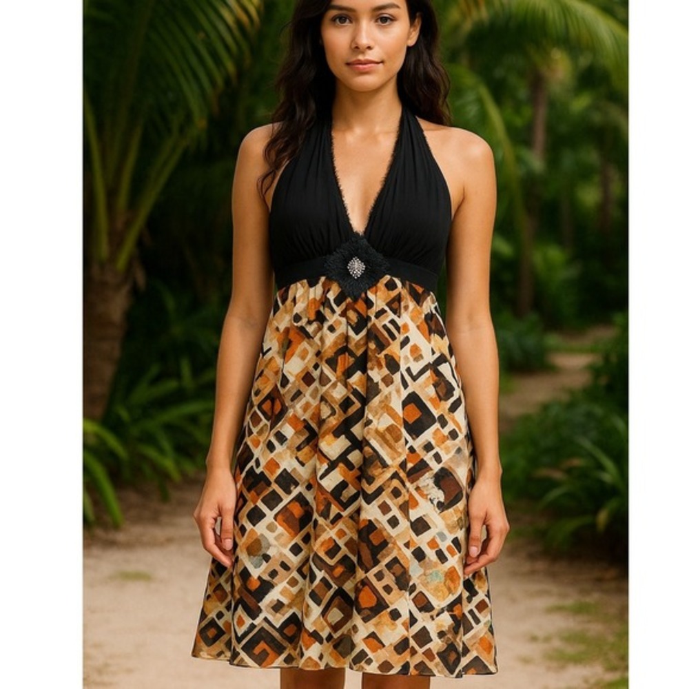 VTG‎ Kay Unger Y2K Dress Women 10  Halter Baby Doll Silk Burnout Tribal Resort